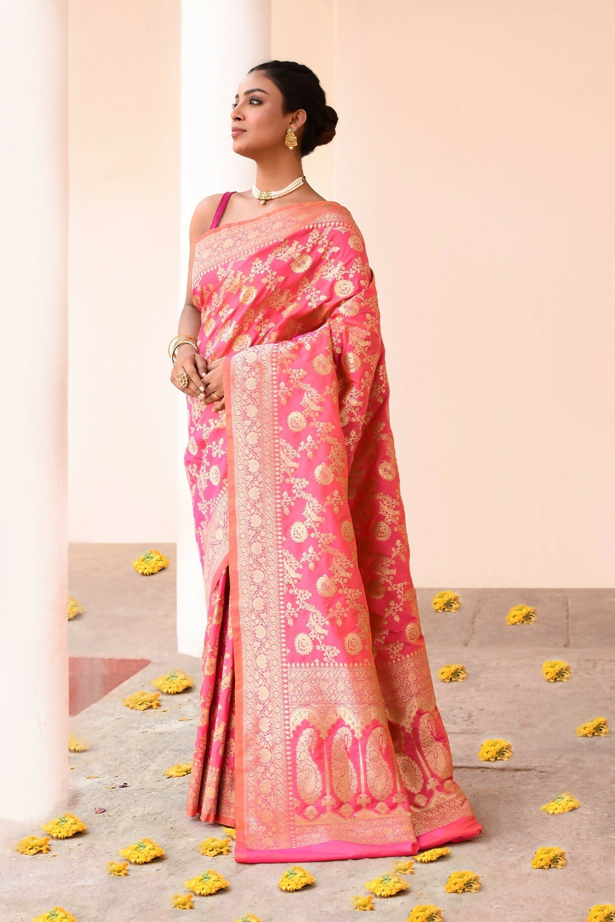 Joban Fashion Pink Peach Soft Pure Handloom Banarasi Silk Saree | Swadesiicart