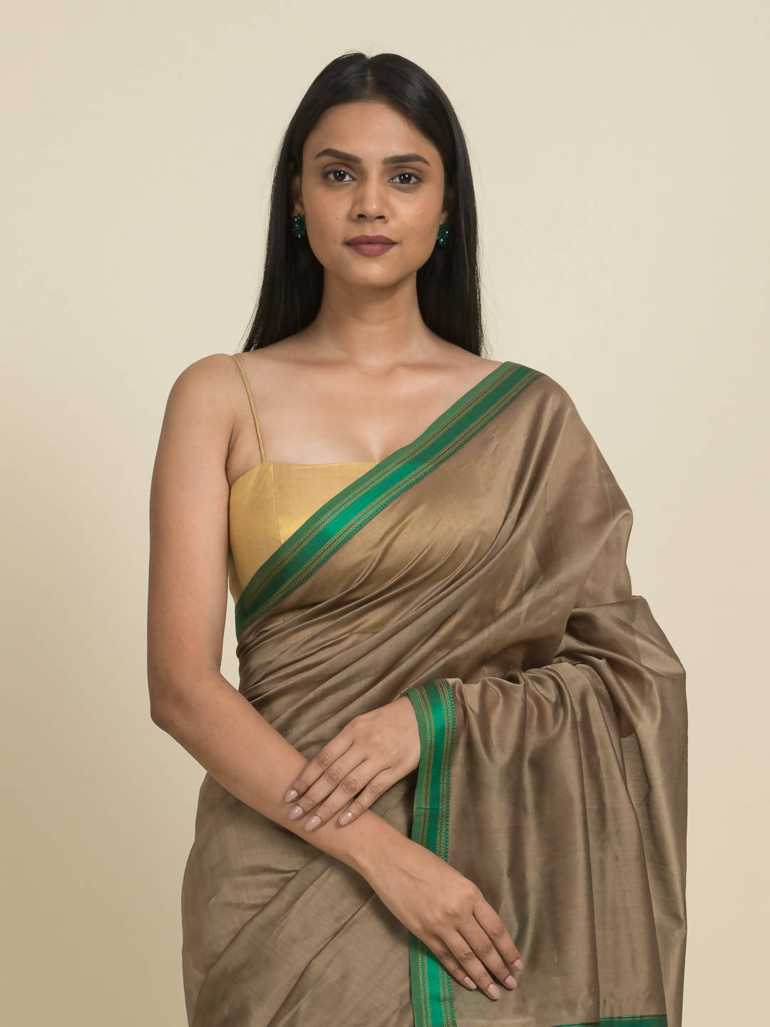Suta Brown Green Zari Silk Cotton Maheshwari Saree | Swadesiicart