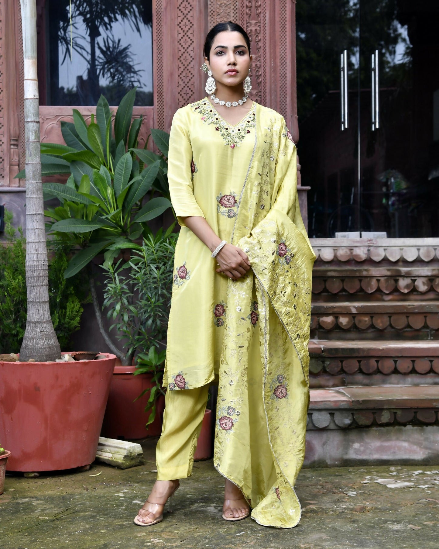 Vaasva Women's Tissue Silk Emboidered Suit Set With Solid Pant & Solid Embroidered Dupatta | Swadesiicart