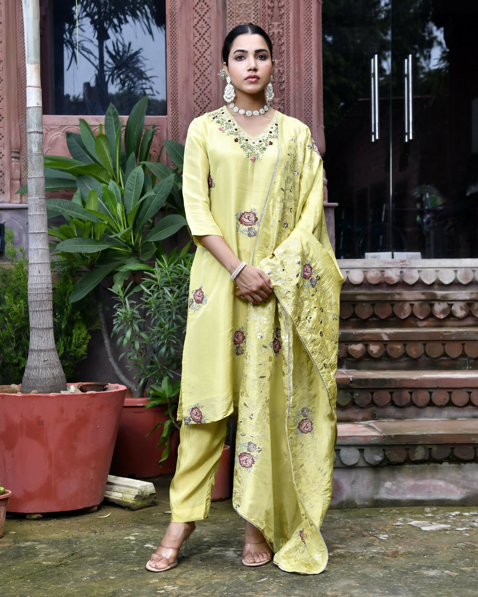 Vaasva Women's Tissue Silk Emboidered Suit Set With Solid Pant & Solid Embroidered Dupatta | Swadesiicart