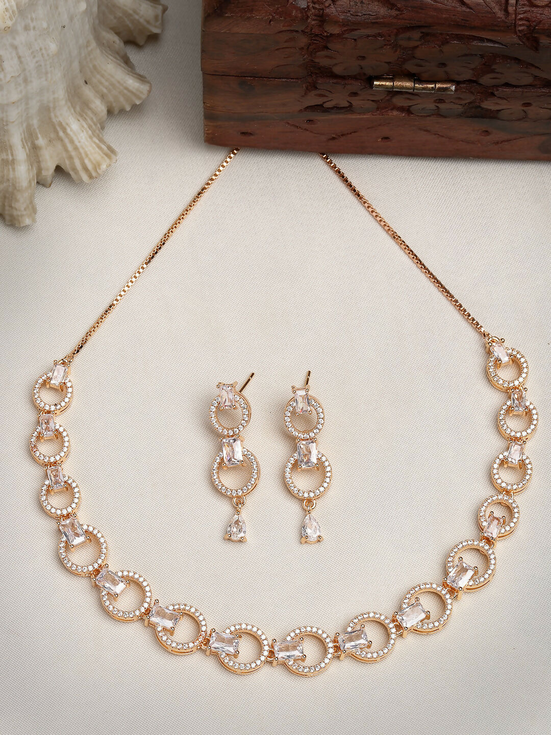 NVR Women's Gold-Polished American Diamond Studded Handcrafted Jewellery Set - Swadesiicart