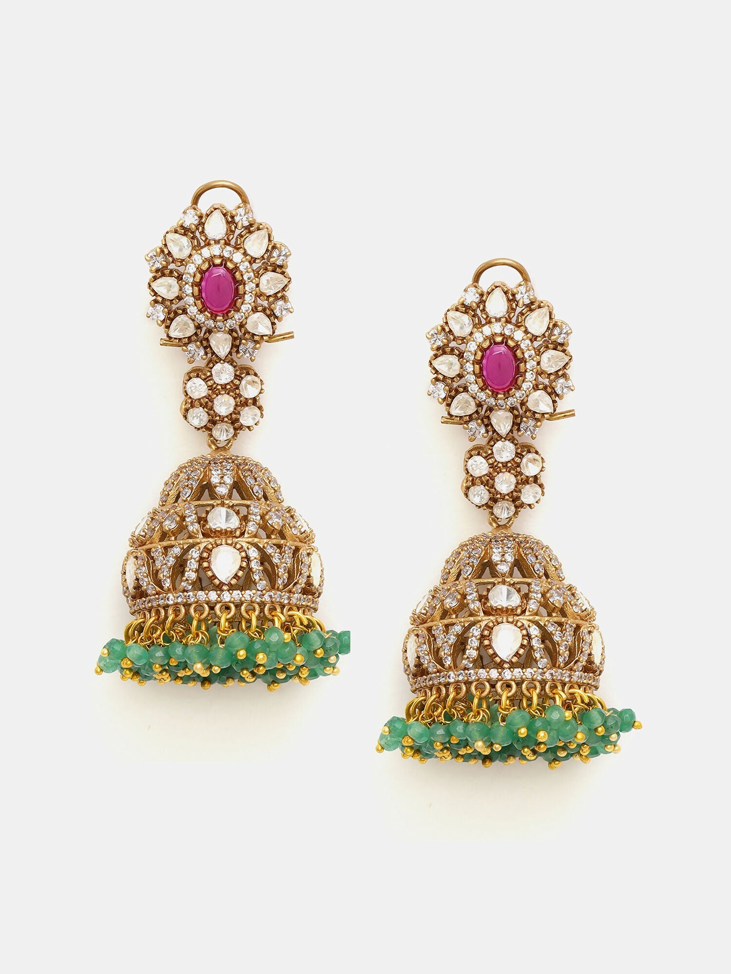 Ruby Raang Gold Polished Kundan Work Multi-Color Diamond And Stone Jhumka Earrings | Swadesiicart