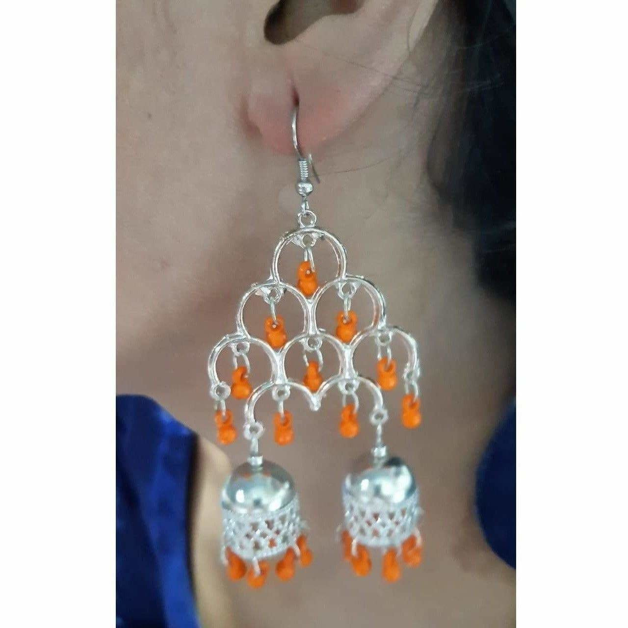 MS Fashion India Silver Oxidized Fashion Traditional Double Jhumka Long Orange Pearls Earrings | Swadesiicart