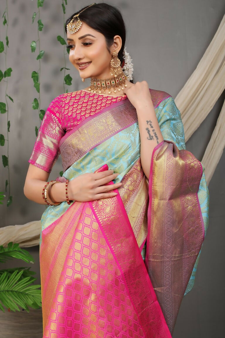 Jyoti Fashion Women's Sky Blue Kanjivaram Silk Zari Woven Saree with Blouse | Swadesiicart
