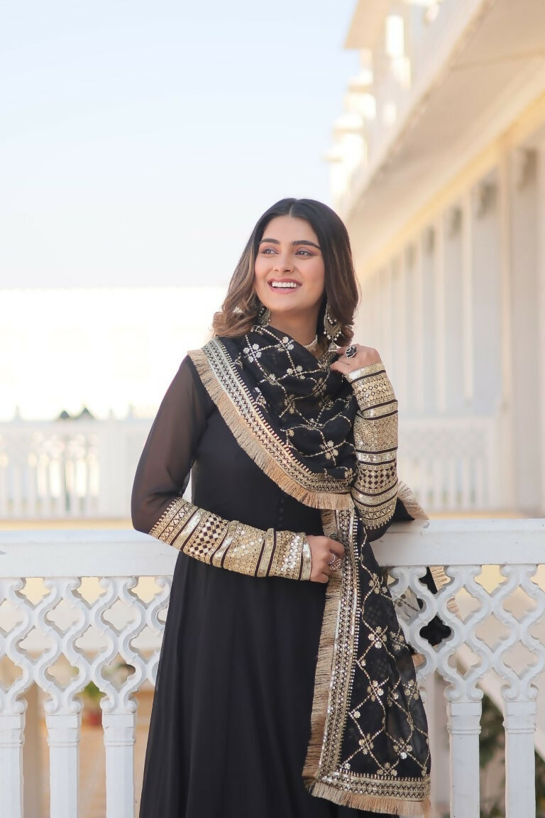 Jyoti Fashion Women's Black Faux Blooming Sequins Zari Embroidered Anarkali Dress with Dupatta | Swadesiicart