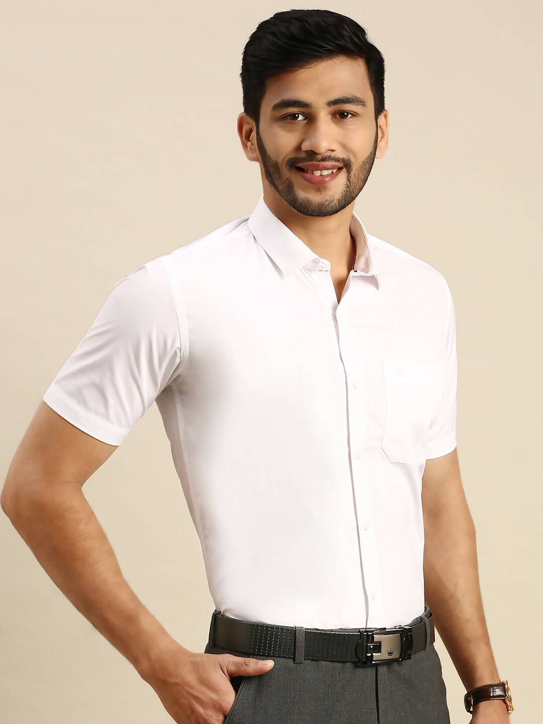 Ramraj Cotton Mens Half Sleeve Formal 100 % Cotton White Shirt | Swadesiicart