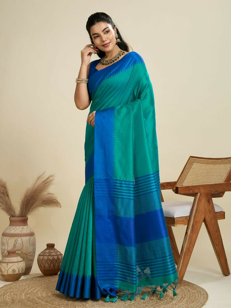 Vishnu Weaves Women's Firozi Raw Silk Thread Woven Saree with Blouse - Swadesiicart