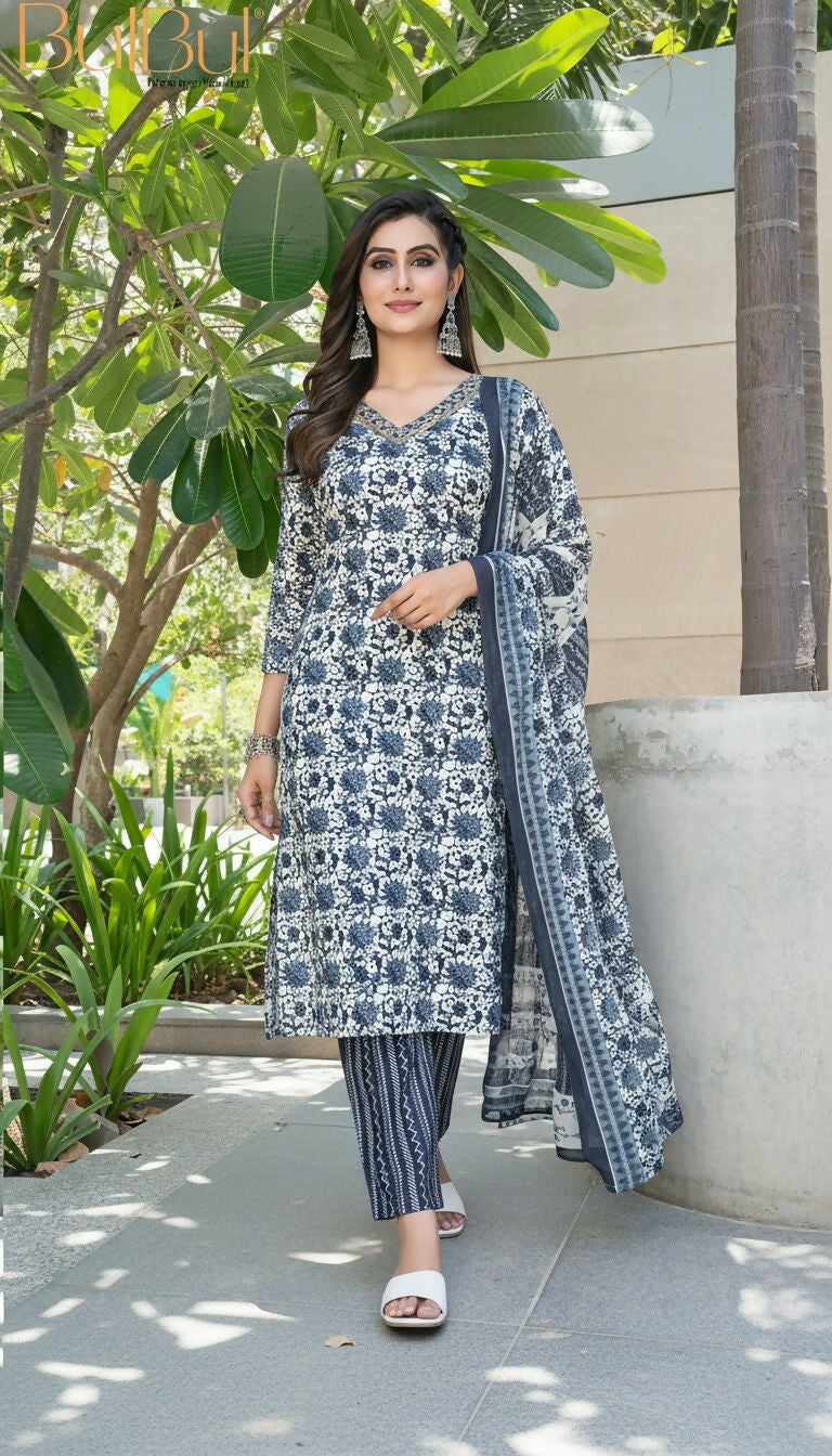 BulBul Fashionista Navy Cotton Kurta Set with Dupatta - Swadesiicart