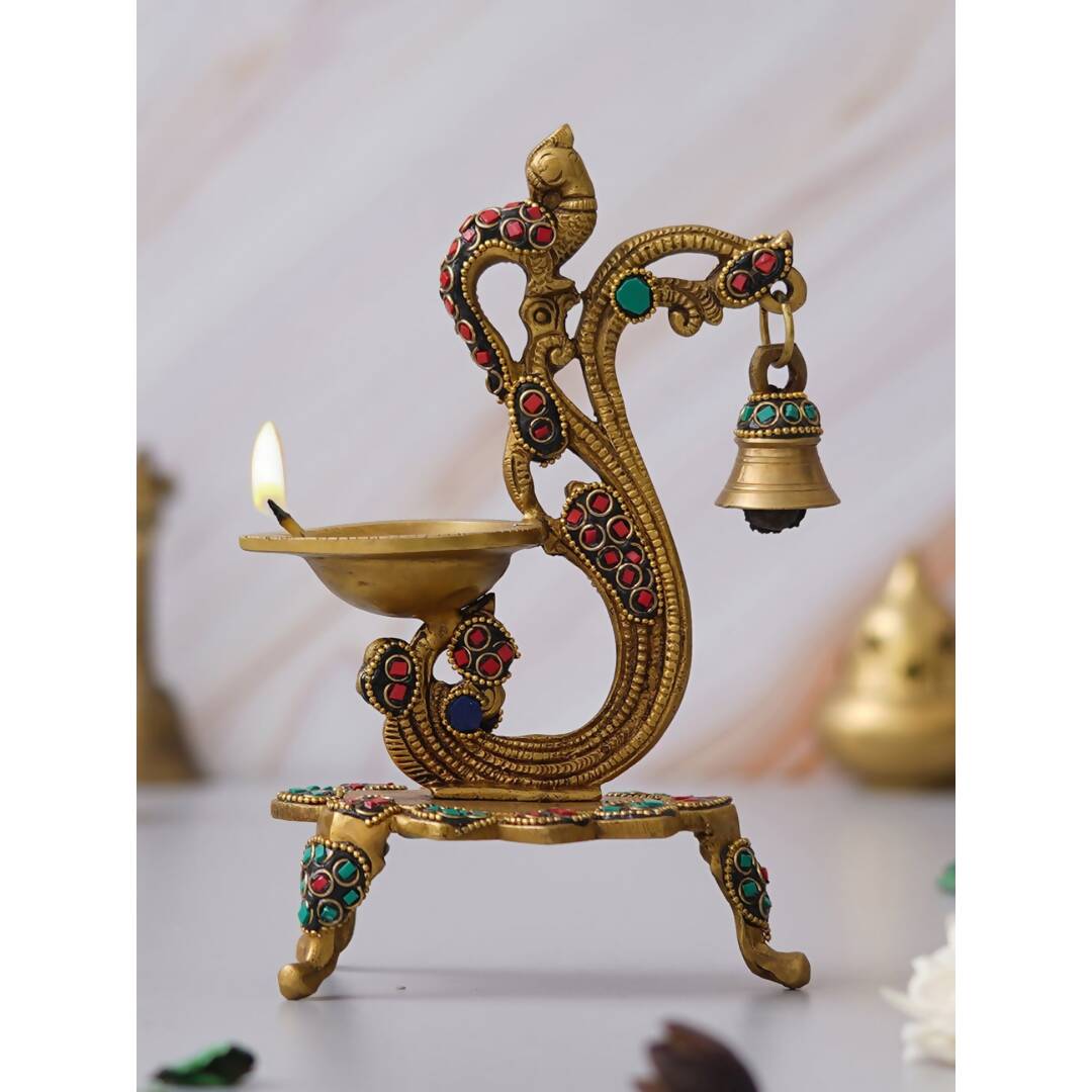 eCraftIndia Gold Toned Peacock Shaped Traditional Brass Diya With Bell & Stand | Swadesiicart
