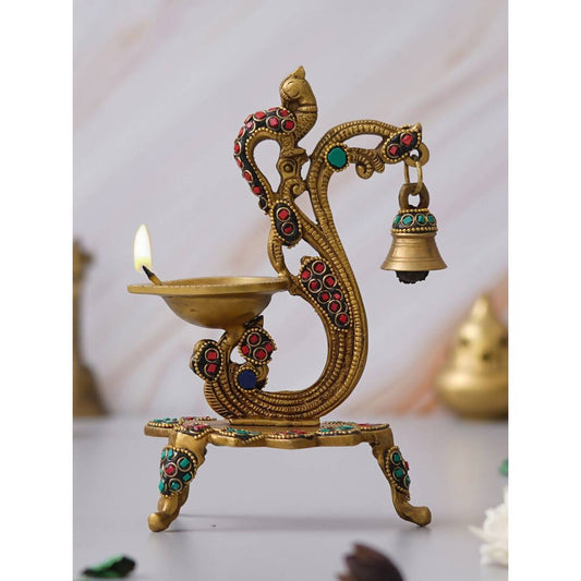 eCraftIndia Gold Toned Peacock Shaped Traditional Brass Diya With Bell & Stand | Swadesiicart