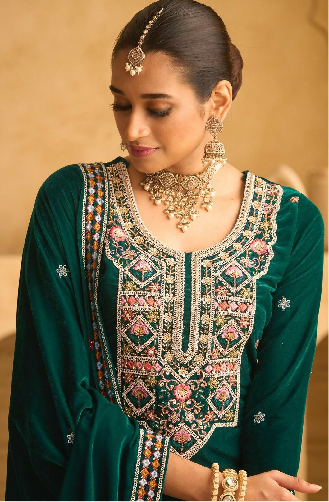 Anaita Green Embroidered with beads Velvet Stitched Plazo Suit