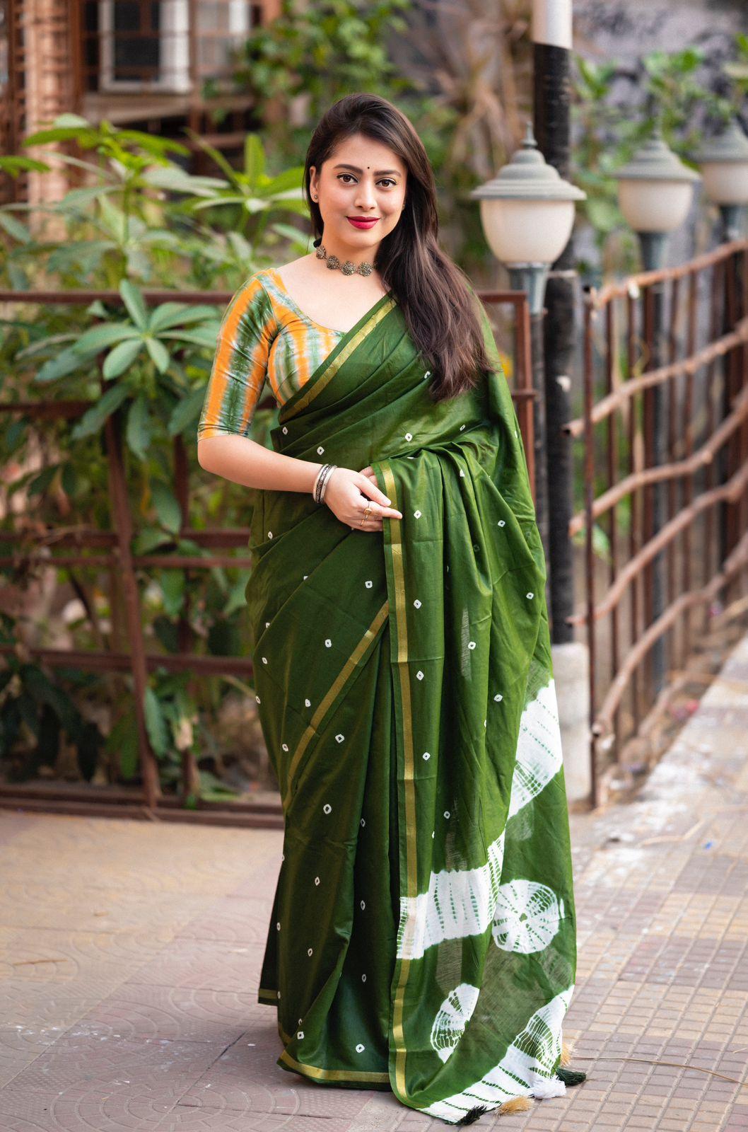 Mehndi Chanderi Cotton Block Print Saree with Unstitched Blouse - Hiral Fashion | Swadesiicart