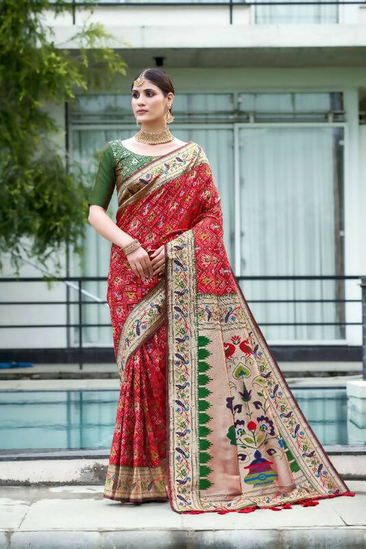 Vishnu Weaves Women's Red Paithani Patola Silk Zari Woven Saree with Unstitched Blouse - Swadesiicart