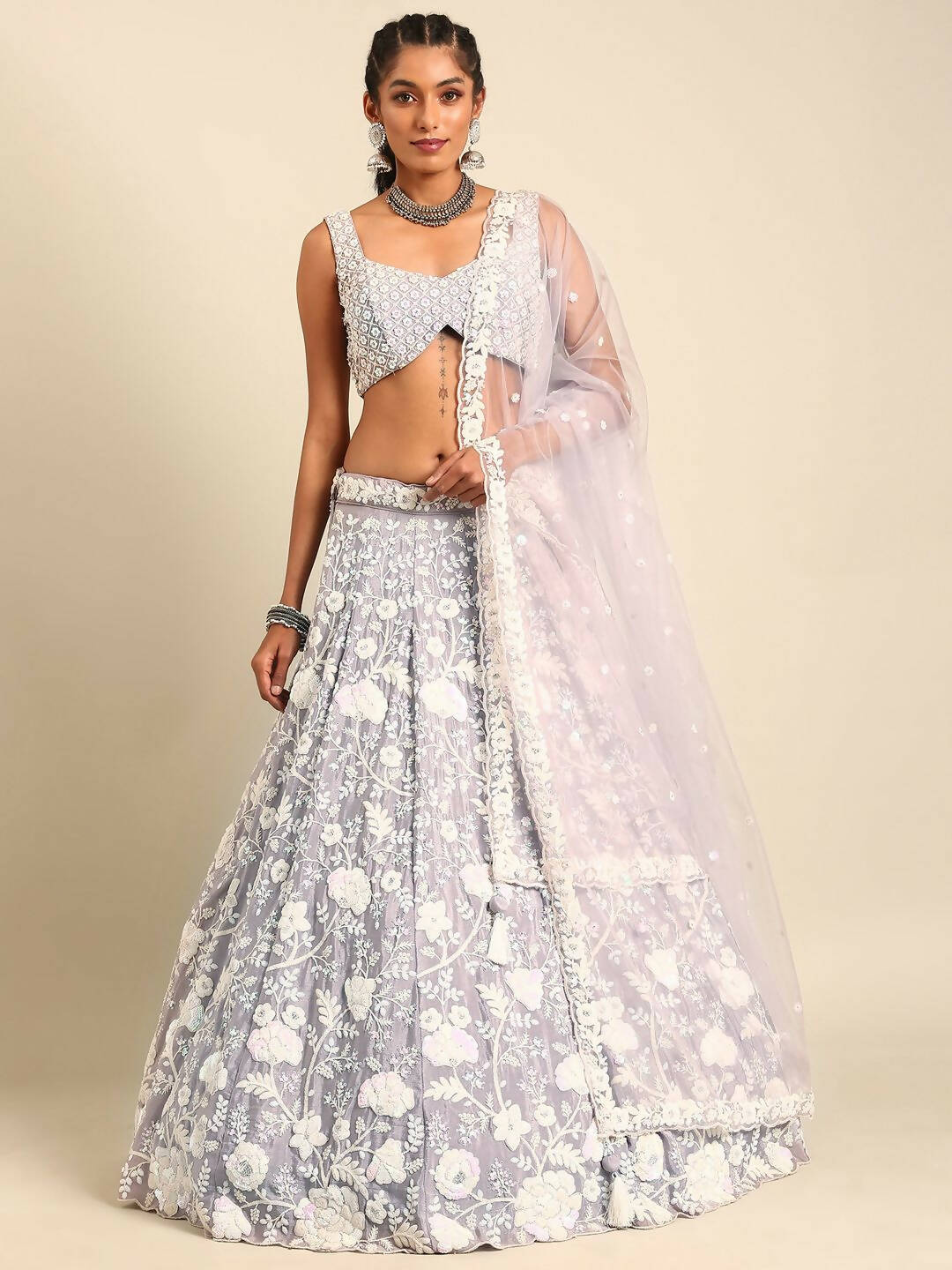 House of Panchhi Mauve Chinon Sequins and Zarkan embroidery Lehenga choli & Dupatta | Swadesiicart