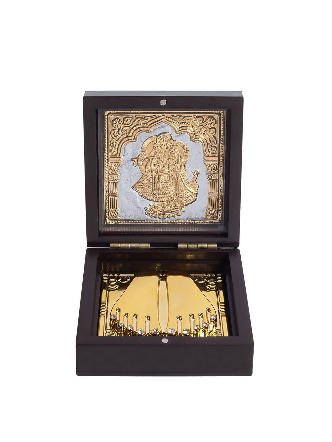 Golden Peacock Black 24 Ct Gold Polished Radha Krishna Wooden Prayer Box | Swadesiicart