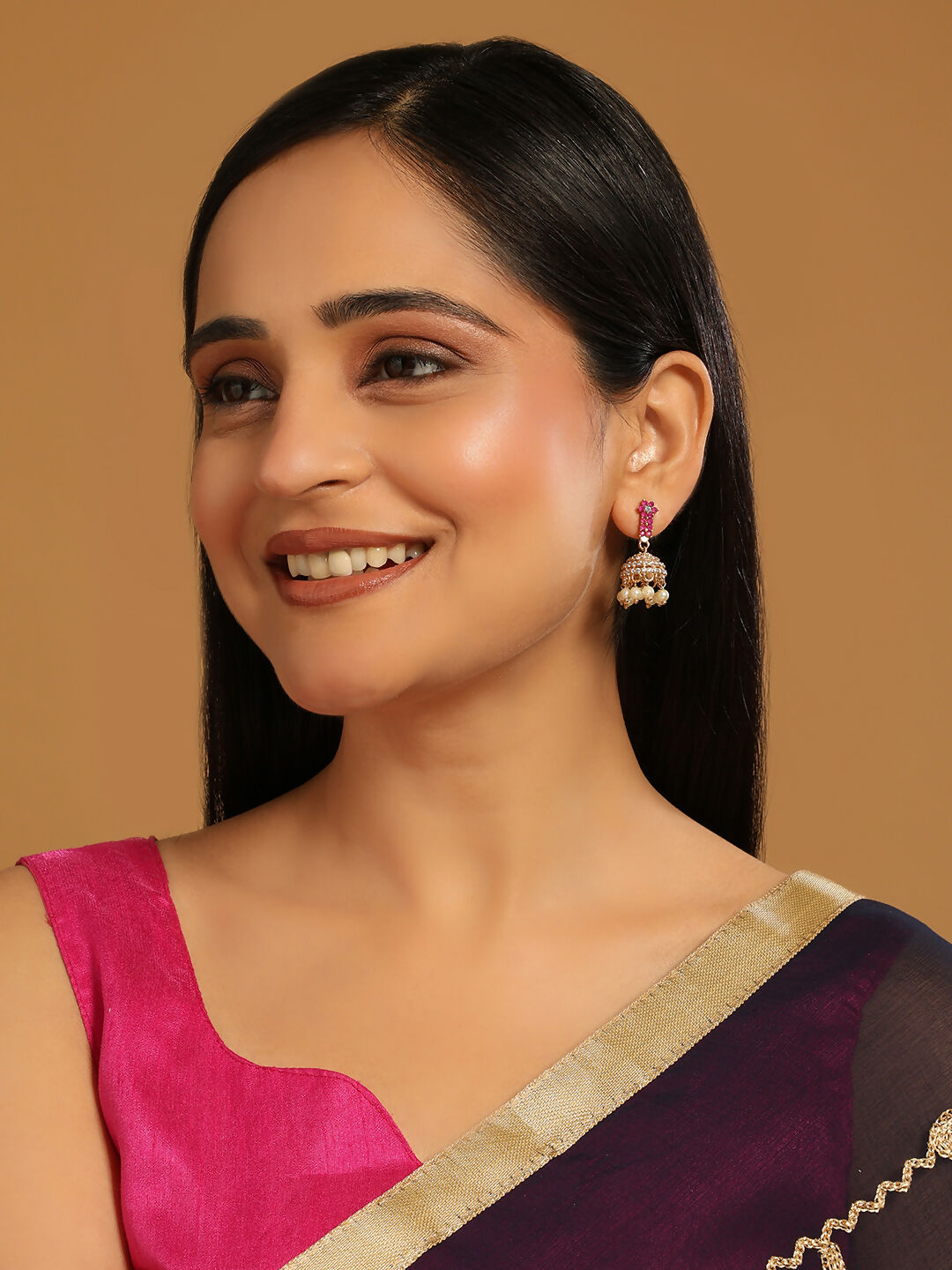 Nuyug 22K Gold Plated Pearl 7 Colored Stone Studded Contemporary Shaped Pink Mini Jhumkas | Swadesiicart