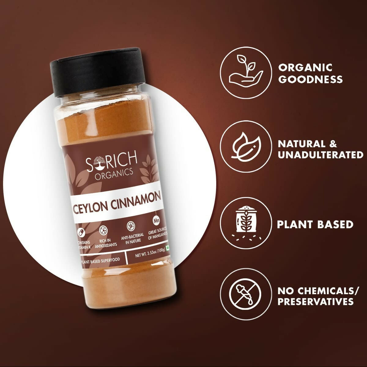 Sorich Organics Ceylon Cinamon Sticks Powder (Dalchini Powder) | Swadesiicart