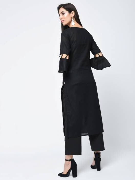 Aniyah Cotton Criss Cross Bell Sleeves Straight Kurta In Black (AN-101C) - Swadesiicart