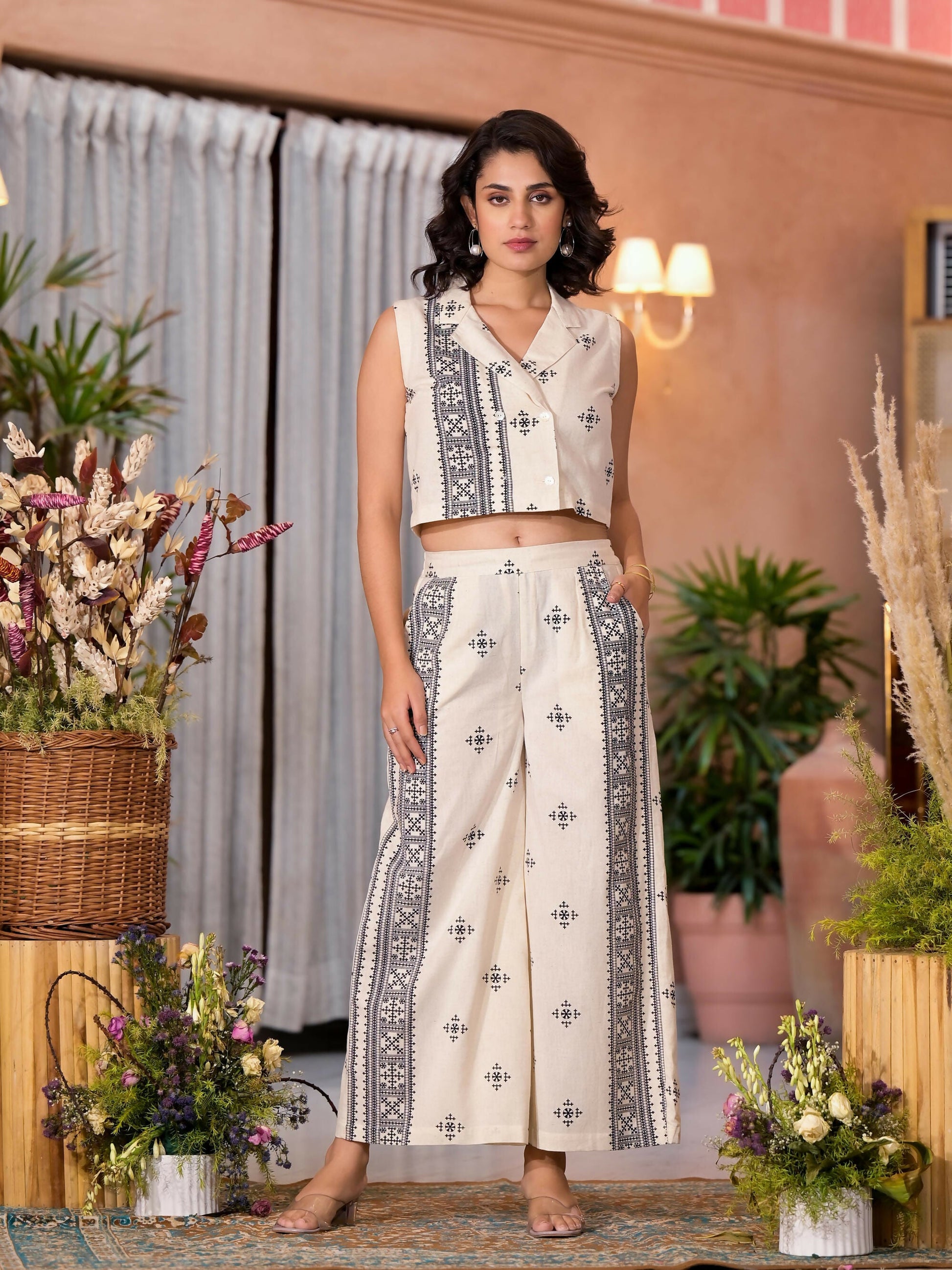 Juniper Women's Natural Ethnic Motif Printed Cotton Top & Palazzo Co-Ord Set With Button Closure - Swadesiicart