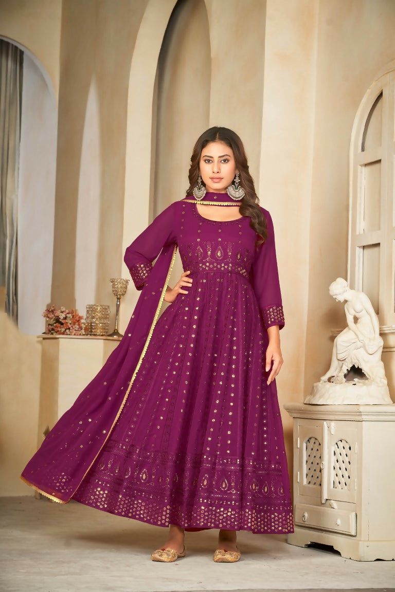 Jyoti Fashion Women's Wine Georgette Embroidered Anarkali Kurta Pant Set With Dupatta | Swadesiicart