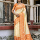 Vishnu Weaves Women's Orange Handloom Raw Silk Woven Saree with Blouse - Swadesiicart