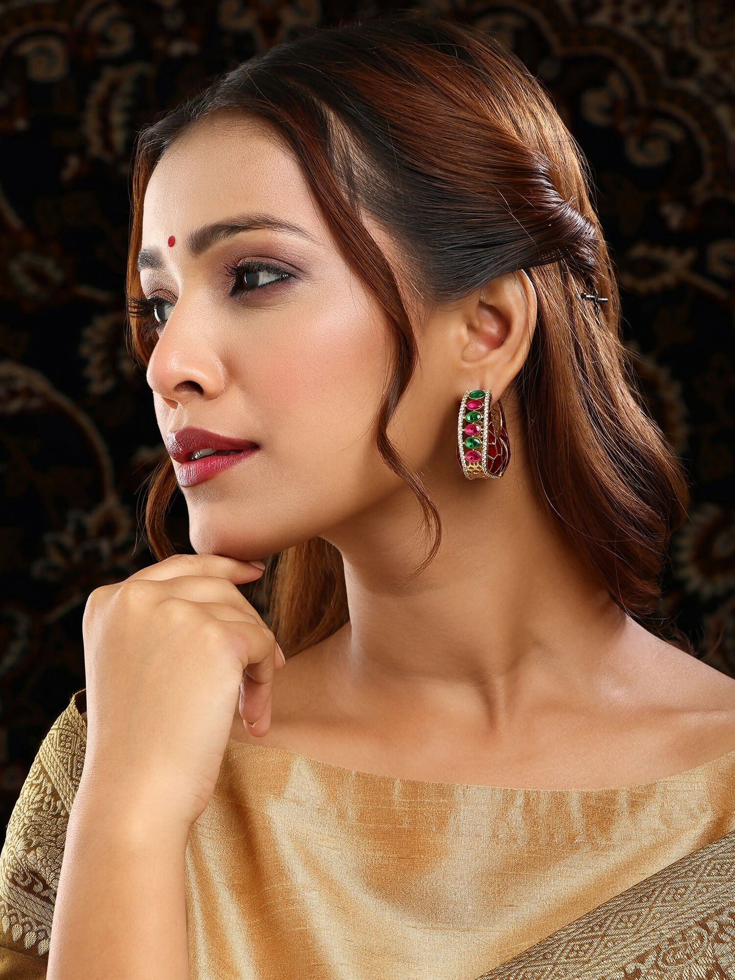 Ruby Raang Gold Polished Kundan Work Multi Loops | Swadesiicart