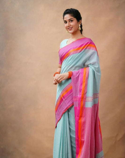 Exclusive Collection Light Blue Beautiful Khadi Cotton Handloom Saree - Swadesiicart