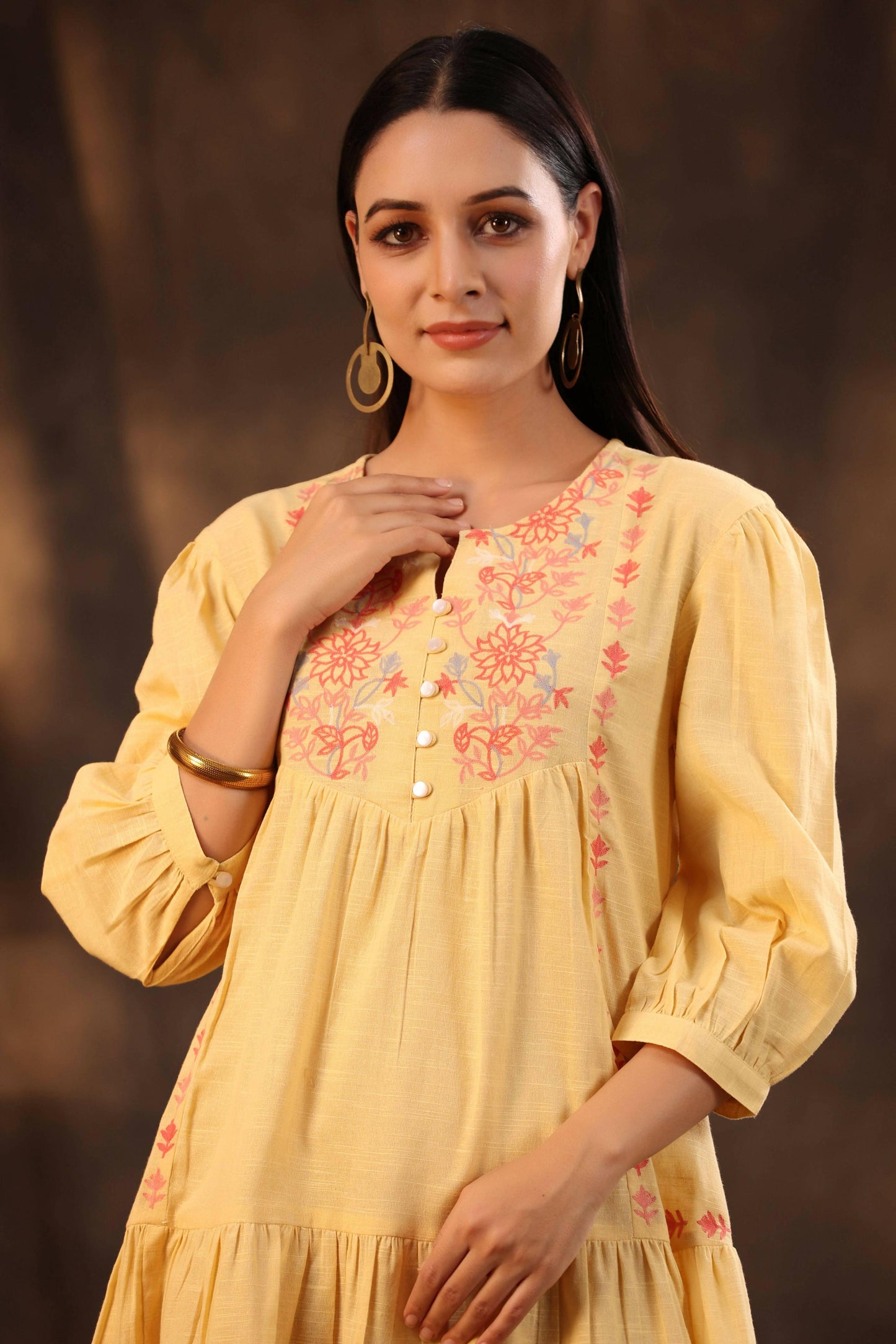 Juniper Women's Yellow Cotton Slub Solid Embroidered Tiered Dress | Swadesiicart