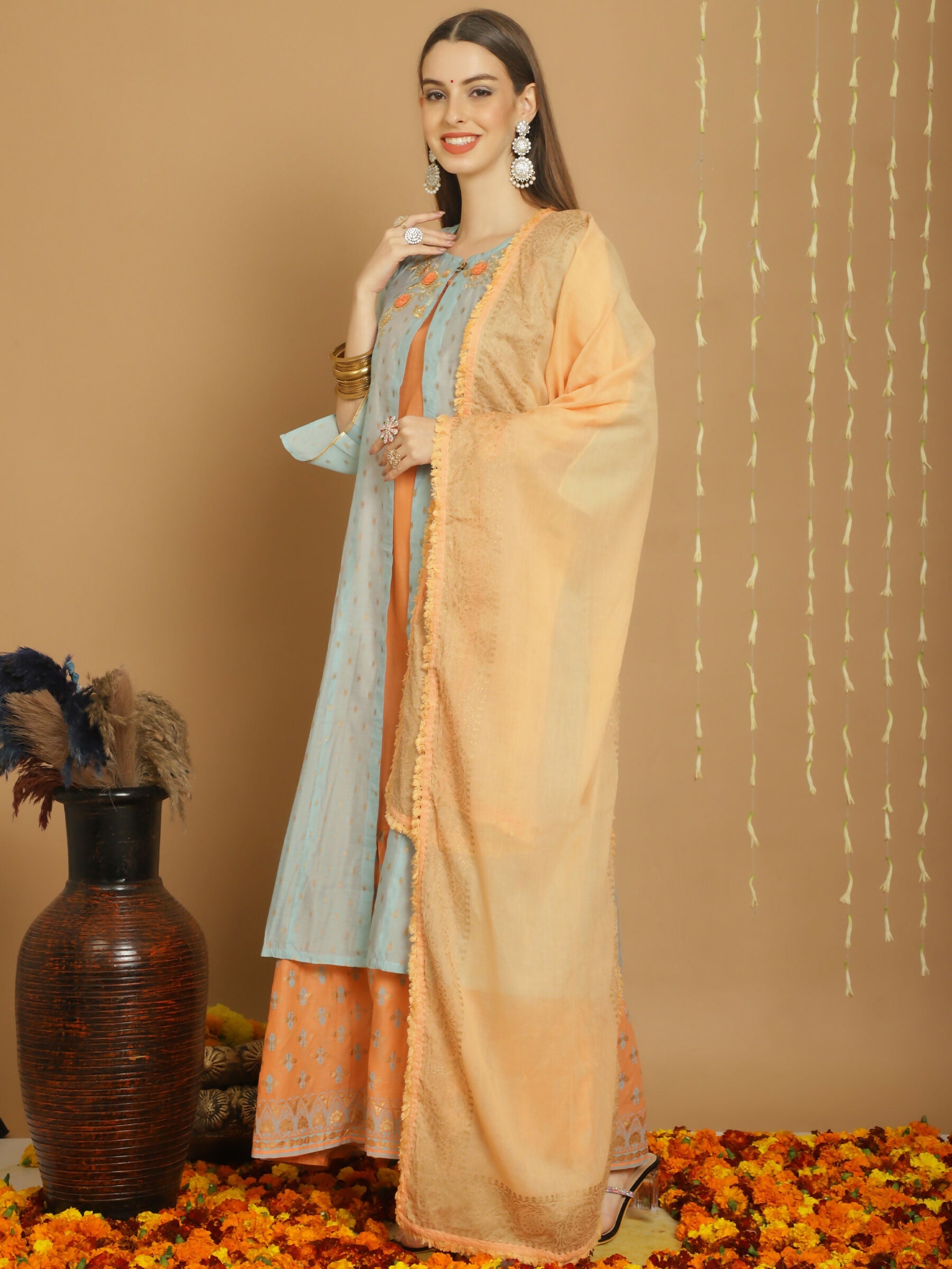 Jyoti Fashion Women's Turquoise Chanderi Silk Elegant Jardoshi Kurta with Trouser & Dupatta | Swadesiicart