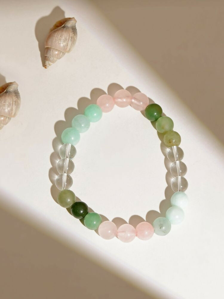 Green Avanturine, Clear Quarts, Amethyst Multicoloued Pastel Shade Crystal Bracelet - Ruby Raang | Swadesiicart