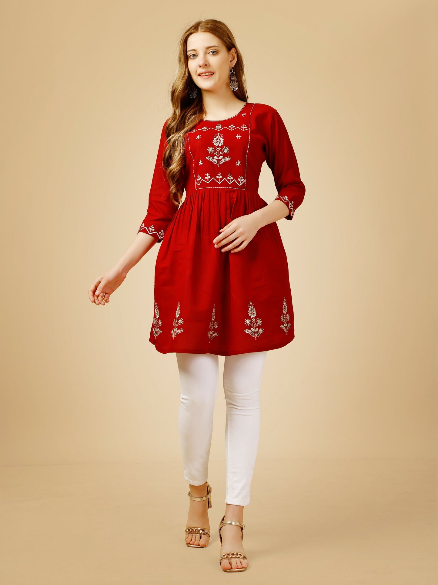 Jyoti Fashion Women's Red Viscose Rayon Embroidered Casual Top | Swadesiicart