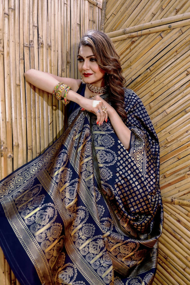 Partywear Designer Dark Blue Banarasi Silk Fancy Saree - Starwalk | Swadesiicart