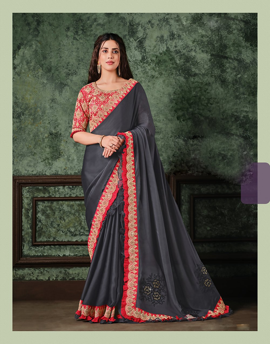Grey Silk Georgettecord And Sequins Embroidery Saree - Norita Hit - Swadesiicart