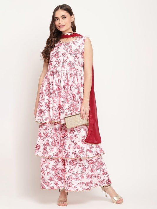 Ahalyaa Women's Pink Rayon Digital Floral Print Kurta Sharara Set with Dupatta | Swadesiicart