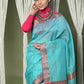 Very Much Indian Handloom Cotton Silk Maheshwari Saree With Sleek Golden Border - Sky Blue | Swadesiicart