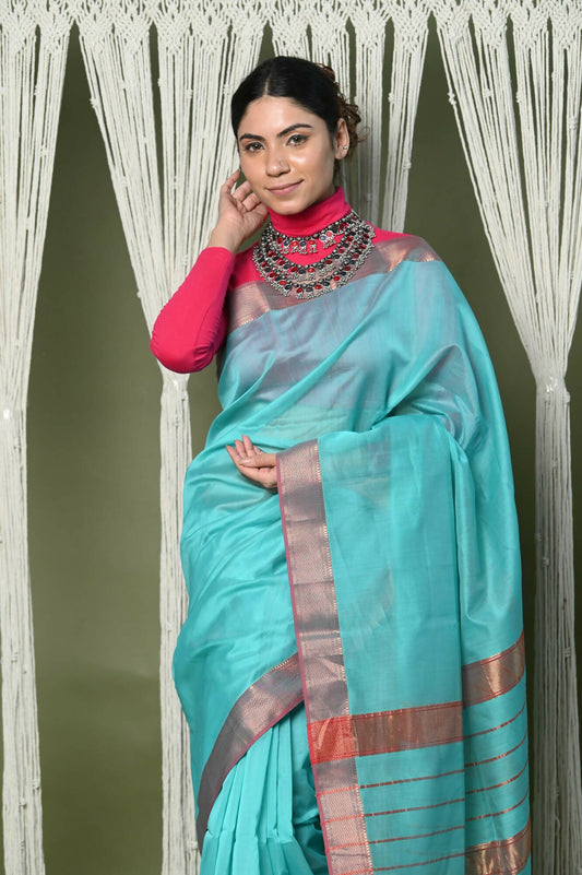 Very Much Indian Handloom Cotton Silk Maheshwari Saree With Sleek Golden Border - Sky Blue | Swadesiicart