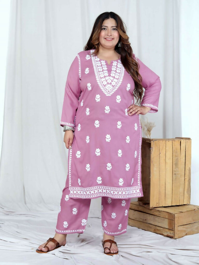 Miravan Women's Plus Size Chikankari Embroidery Pink Straight Kurta And Palazzo Set | Swadesiicart