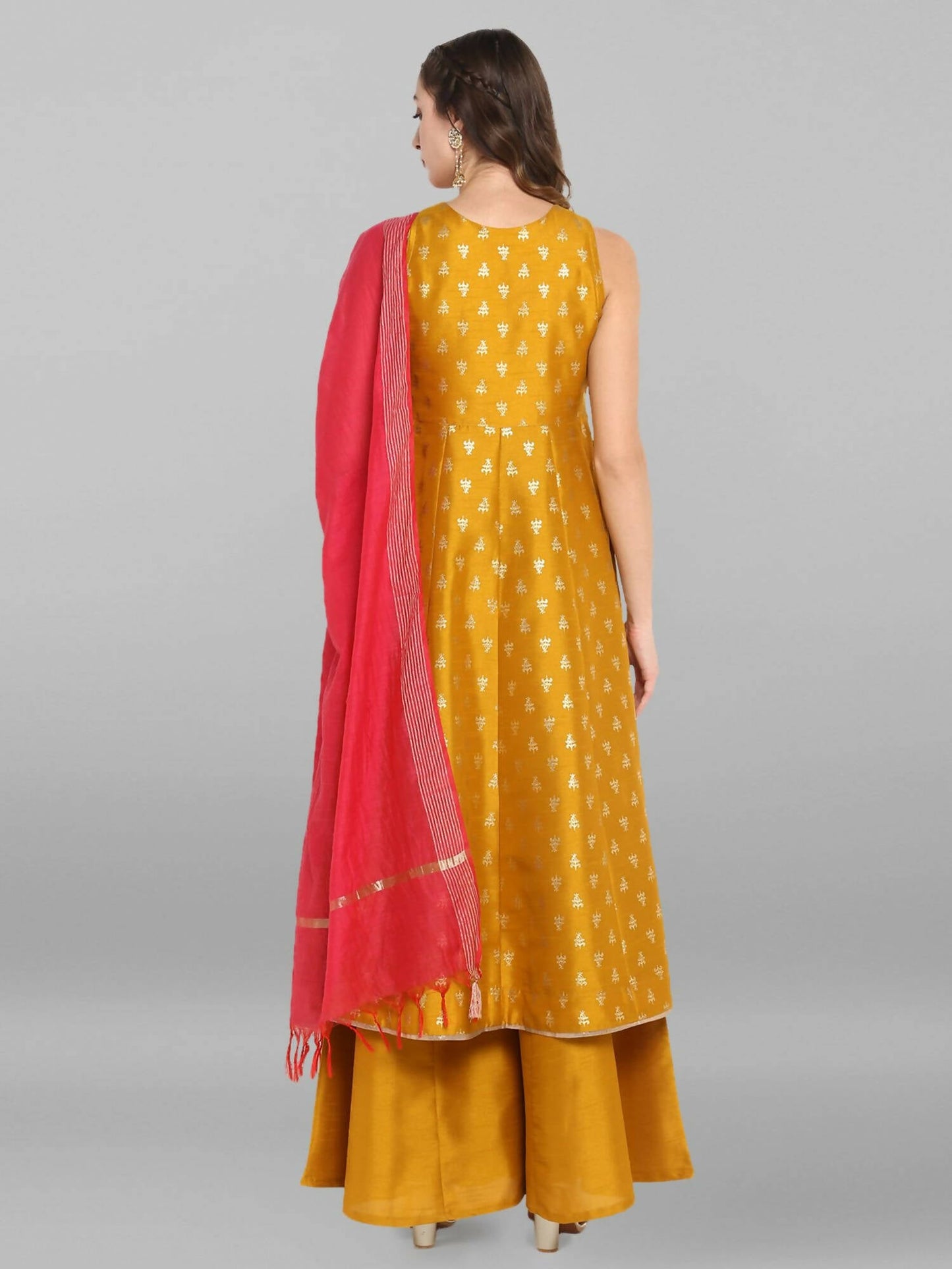 Janasya Women's Mustard Rayon Foil Print Kurti With Palazzo | Swadesiicart
