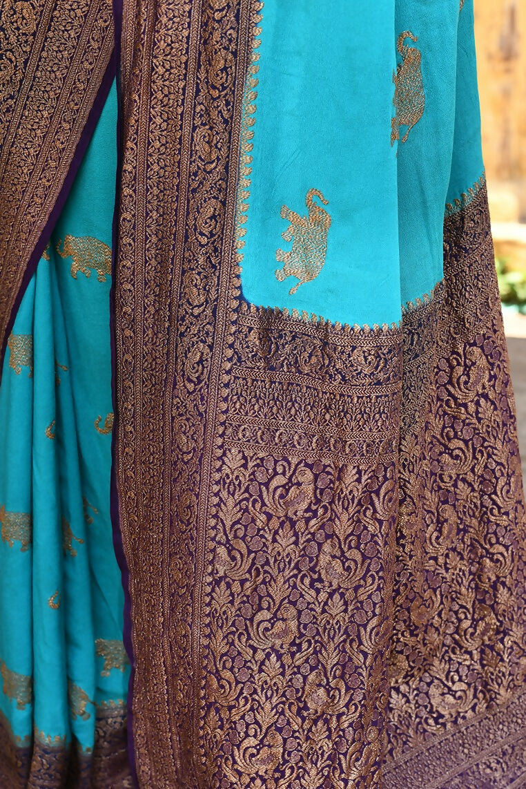 Joban Fashion Sky Blue Crepe Chiffon Pure Handloom Banarasi Silk Saree | Swadesiicart