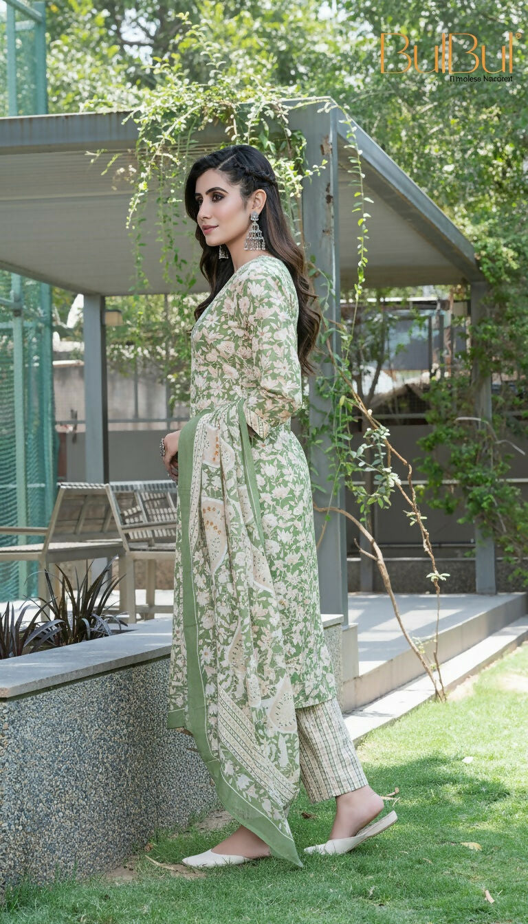 BulBul Fashionista Green Floral Cotton Kurta Set with Dupatta - Swadesiicart