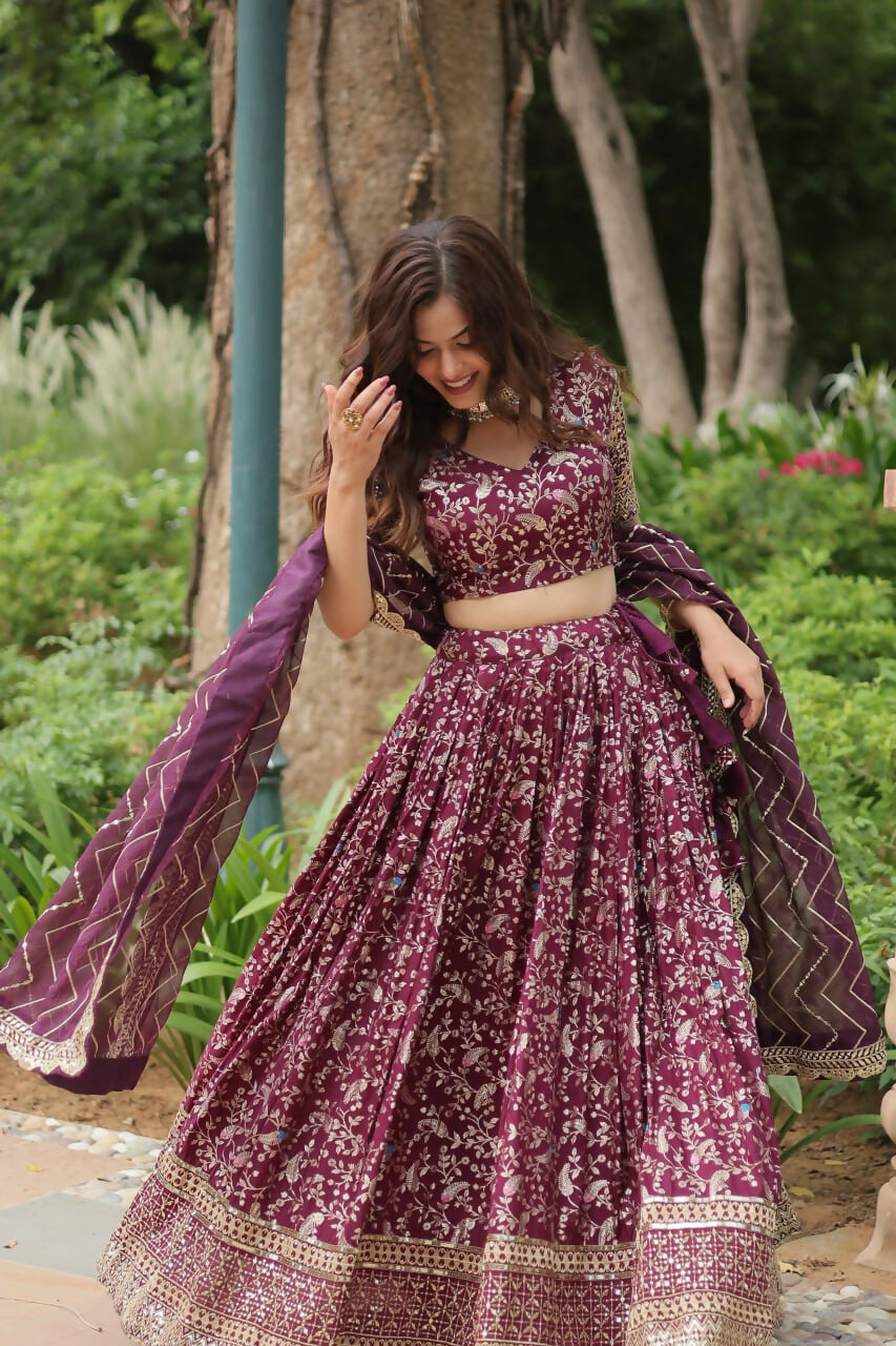 Lorenvalley Wine Pure Viscose Jacquard with Golden Embroidered Sequins work Lehenga Choli | Swadesiicart