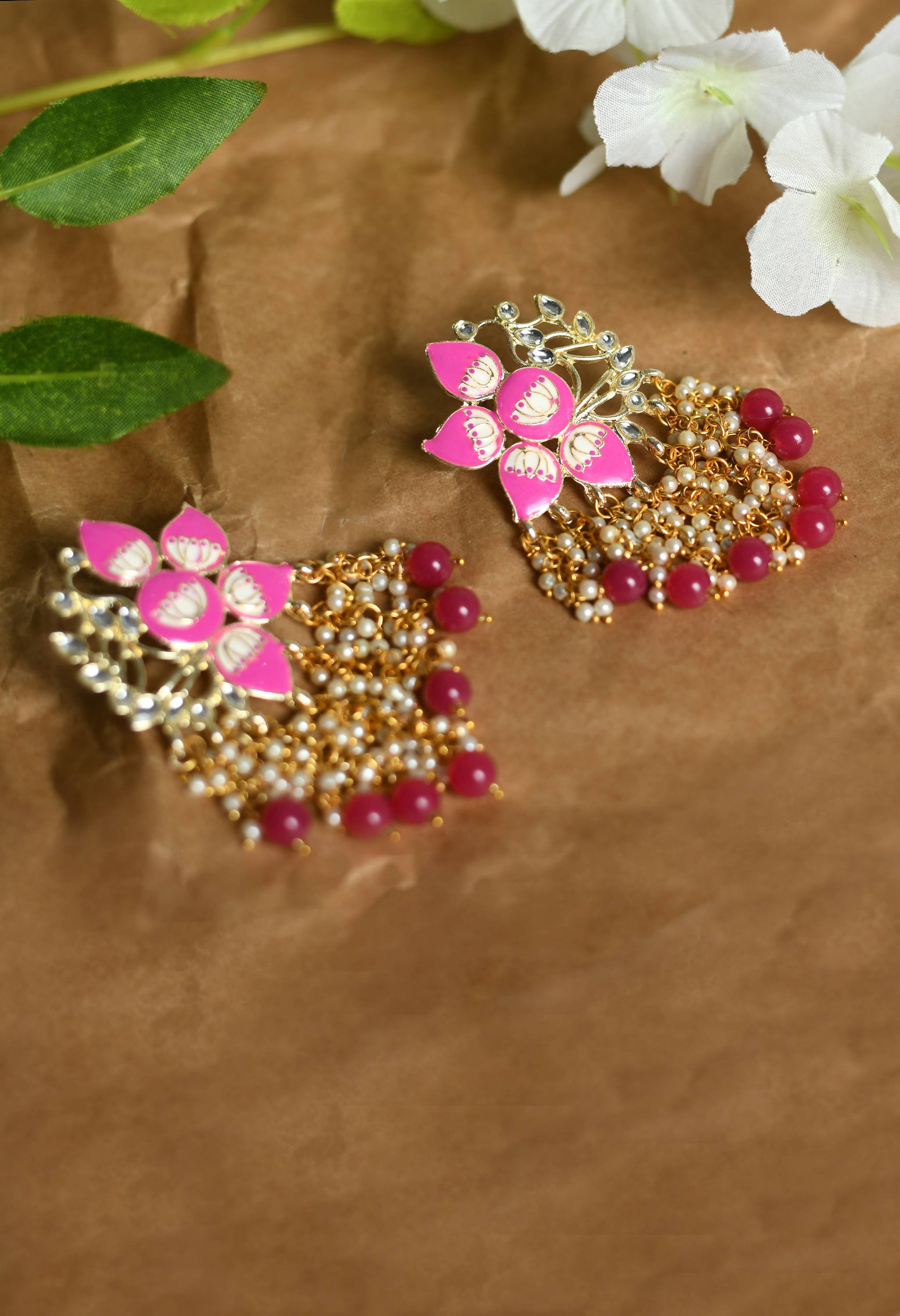 Mominos Fashion Johar Kamal Gold-Polished Kundan Pink Meenakari Earrings - Swadesiicart