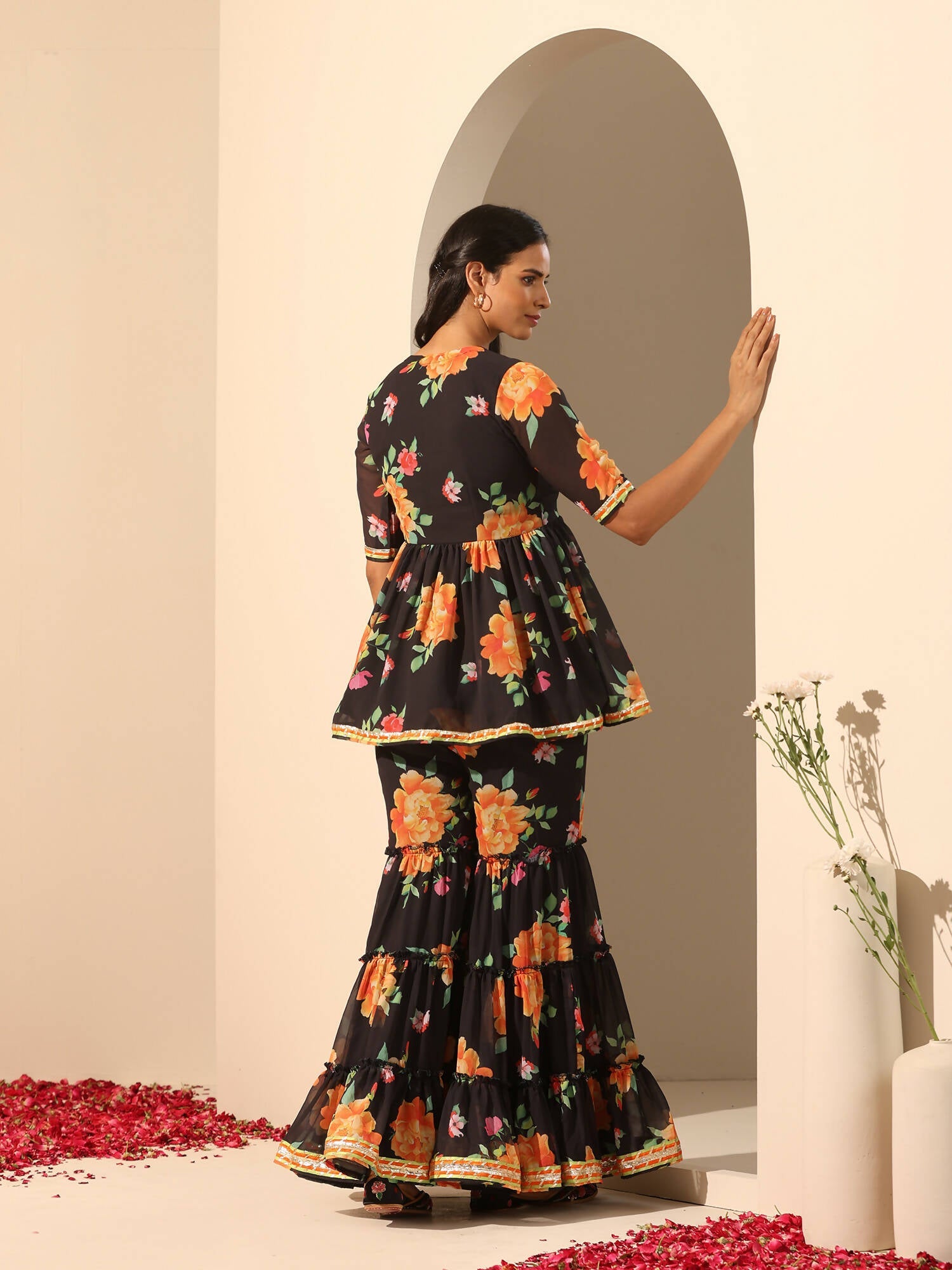 Pomcha Jaipur Black Gul Narangi Sharara Set | Swadesiicart