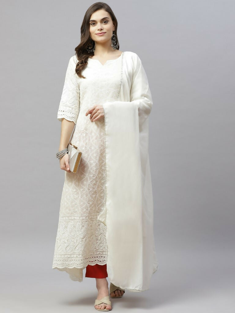 Miravan Women's Beige Embroidered Chikankari Kurta & Dupatta | Swadesiicart