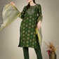 Jyoti Fashion Women's Dark Green Cotton Magic Slub Embroidery & Sequence work Kurta with Trouser & Dupatta | Swadesiicart