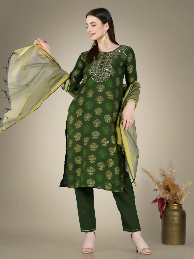 Jyoti Fashion Women's Dark Green Cotton Magic Slub Embroidery & Sequence work Kurta with Trouser & Dupatta | Swadesiicart