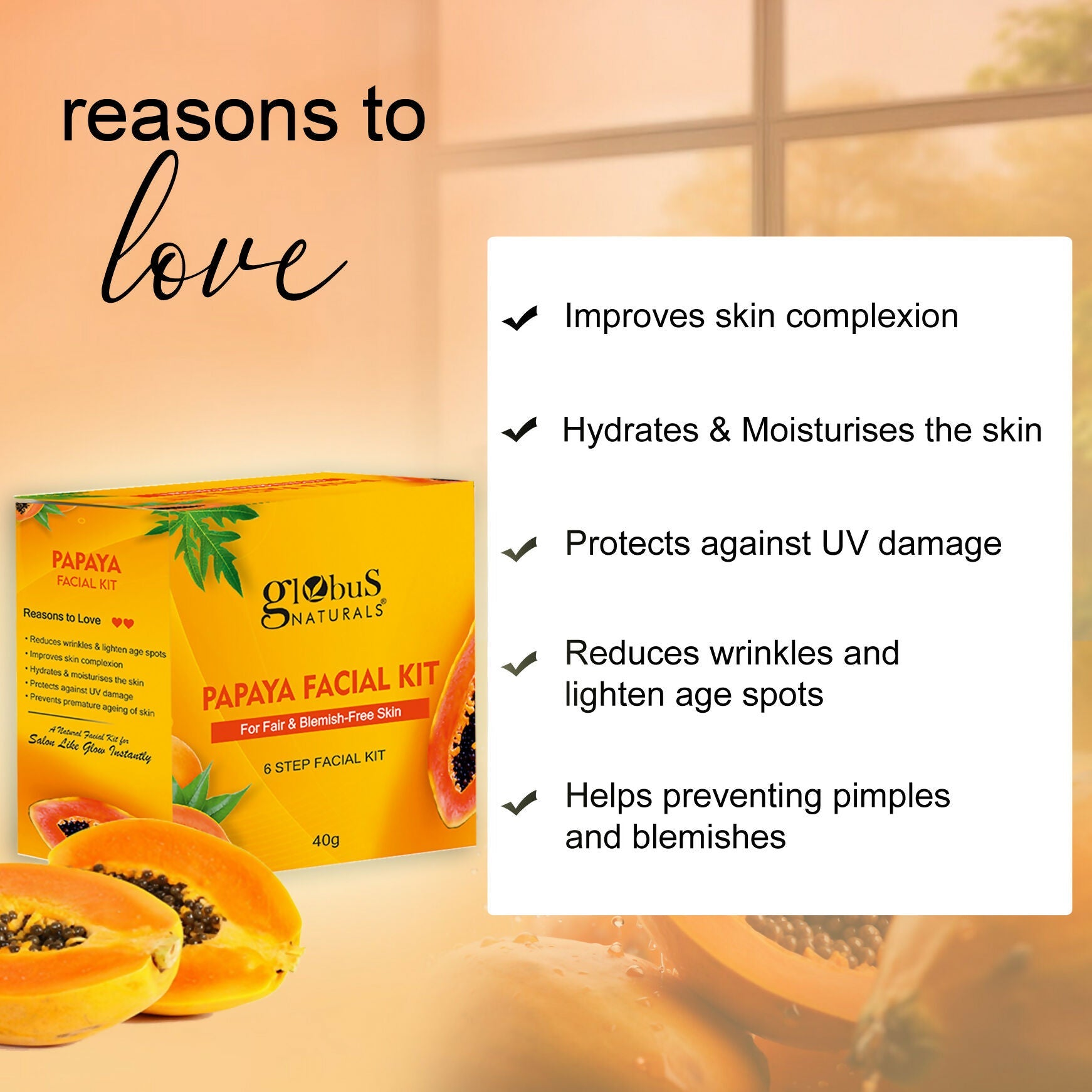 Globus Naturals Papaya Facial Kit For Blemish Free Skin & Anti-Pigmentation, 6 Steps | Swadesiicart