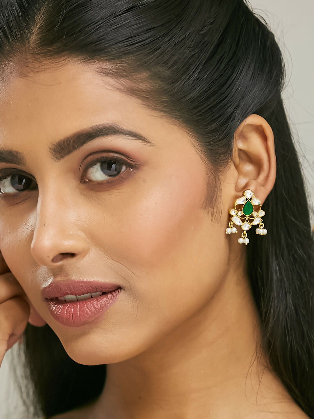 Nuyug 22K Gold-Plated Elegant Kundan & Green Stone Studded Pearl Drops Studs | Swadesiicart