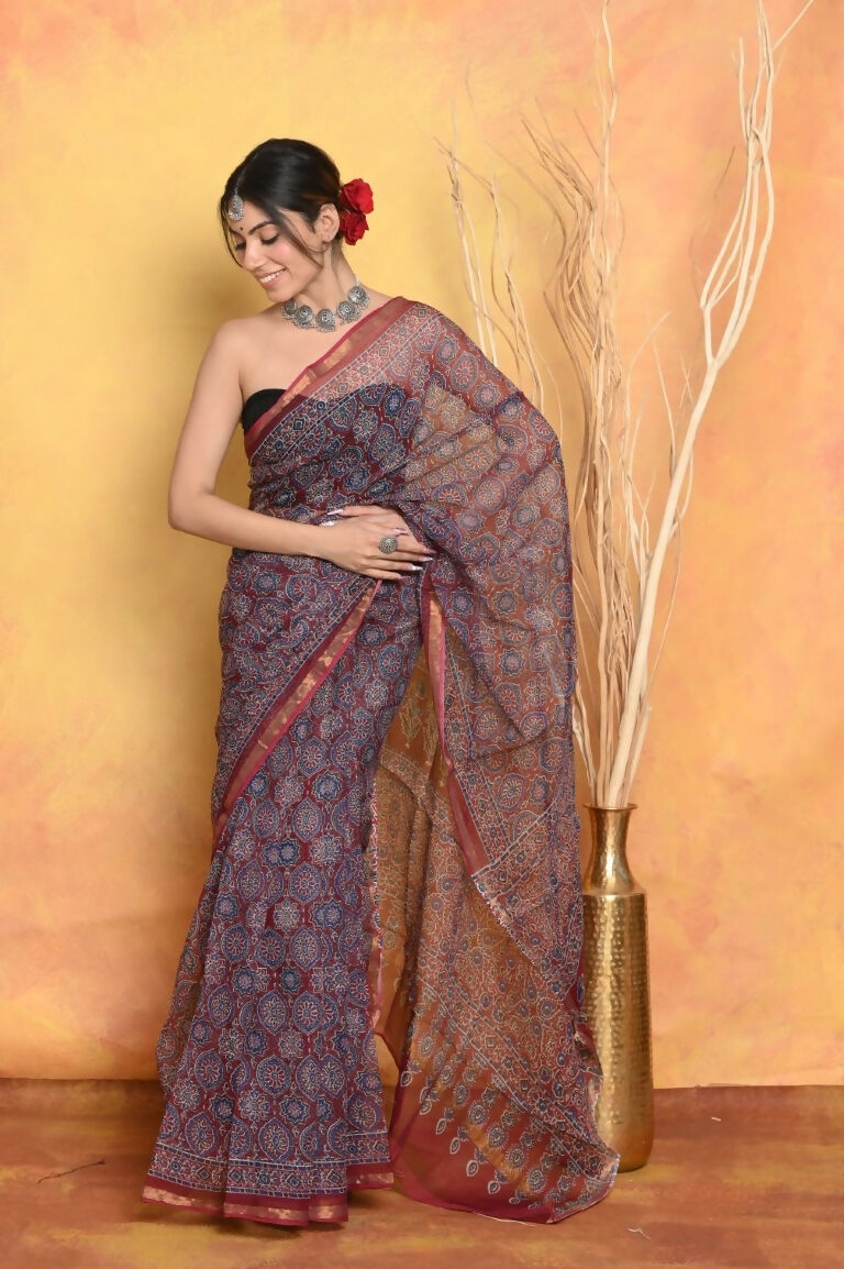 Very Much Indian Pure Kota Cotton Handblock Printed Saree - Grey | Swadesiicart