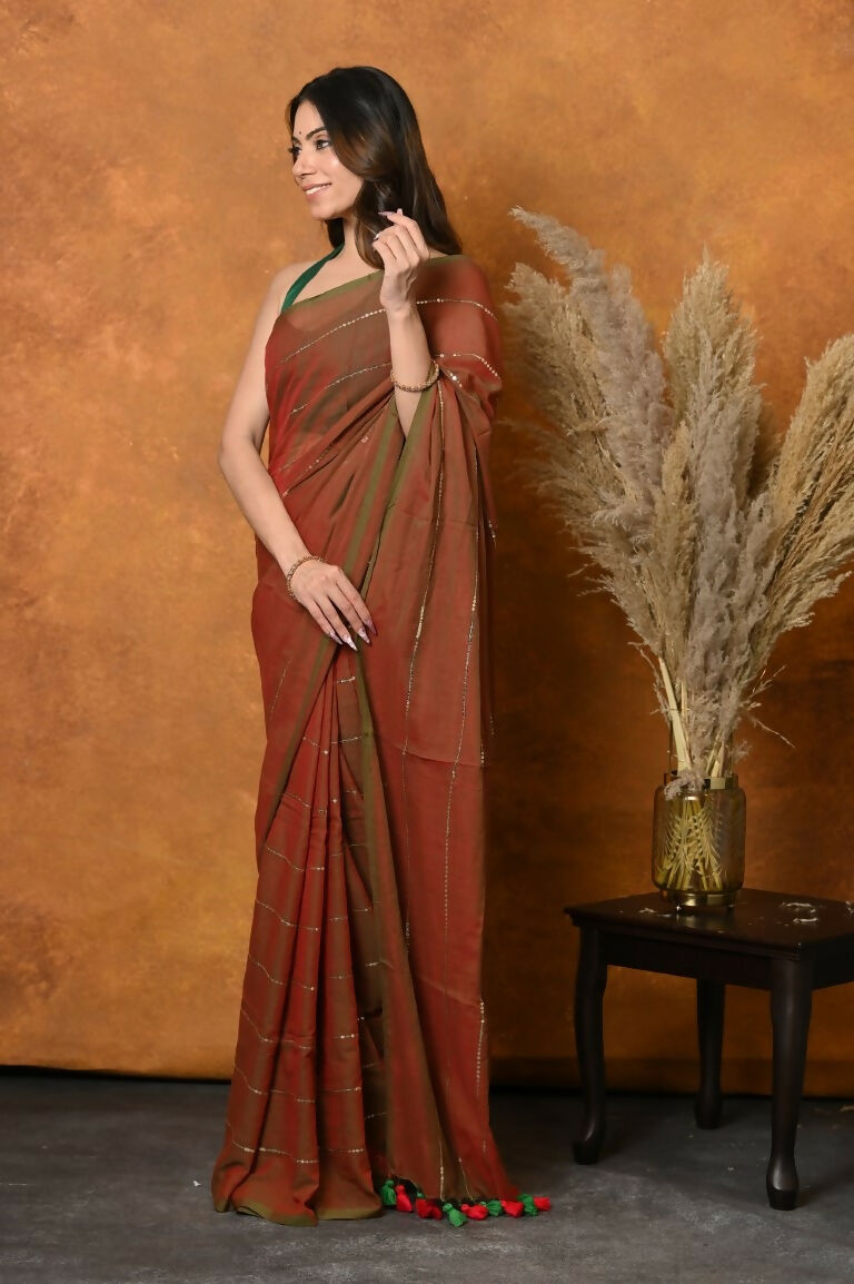 Very Much Indian Designer Mul Cotton Handloom Saree with Sequins - Dual Tone Red Green | Swadesiicart